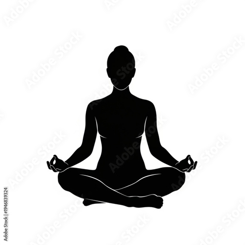 Black silhouette of a woman meditating in lotus position for yoga and relaxation concepts