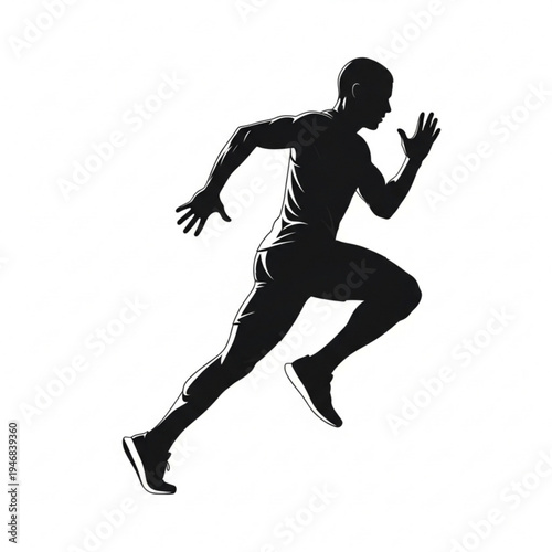 A black silhouette of a man running in a dynamic pose with arms and legs in motion