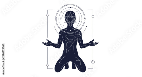 Mystical Silhouette Figure Meditating with Cosmic Geometric Patterns