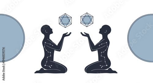 Cosmic Twins Gemini Zodiac Sign Silhouette Holding Icosahedrons