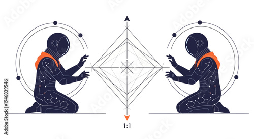 Cosmic Connection: Two Astronauts in Meditation Facing Each Other