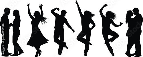 Dancing couple silhouettes collection romantic partners dancing celebration party love relationship black silhouette isolated on white background people illustration