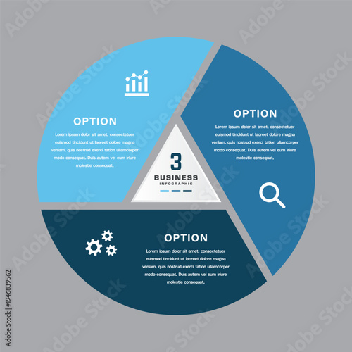 Circular Three Option Business Infographic Diagram with Bar Chart, Magnifying Glass, and Gear Icons