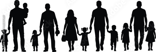 family, father, mother, child, silhouettes, parenting, parenthood, love, care, walking, people, kids, black, vector, isolated, set, relationship, lifestyle, support, illustration