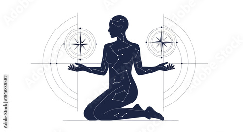 Celestial Woman Silhouette Kneeling with Compasses and Stars