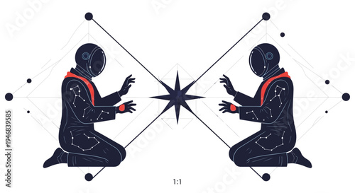 Cosmic Connection: Two Figures Meditate in Starry Constellations