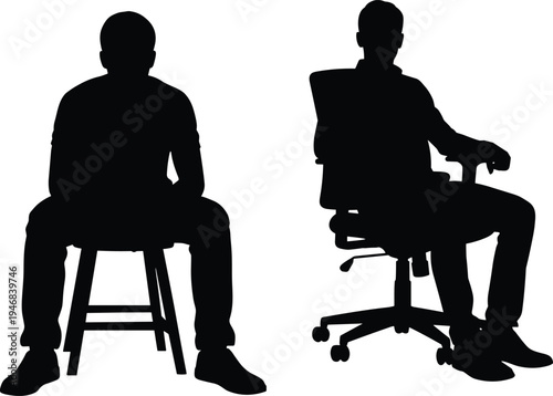Man sitting silhouette set isolated on white background, male seated chair and stool poses, human posture vector illustration