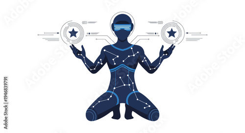 Futuristic android with glowing eyes holding stars and digital constellations