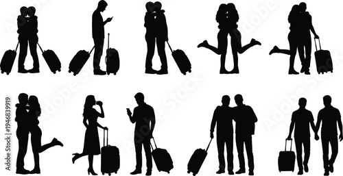 Travel couple and tourists silhouette collection isolated on white background, people with luggage suitcases airport vacation tourism vector