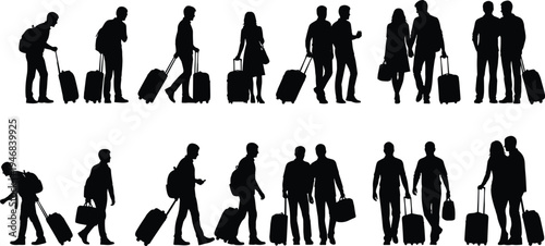 Travelers with luggage silhouette collection isolated on white background, men women walking with suitcases airport tourism travel vector