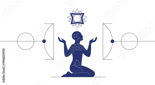 Spiritual Energy, Woman Meditating, Cosmic Connection, Abstract Geometric Design