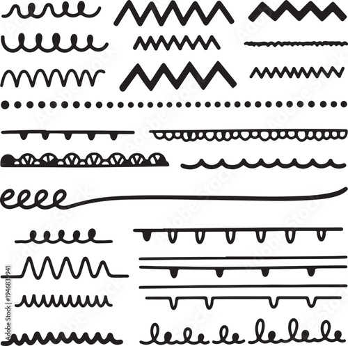 A collection of hand-drawn decorative wavy lines, zig-zag patterns, dotted borders, and swirly elements, perfect for adding unique embellishments to designs and crafts
