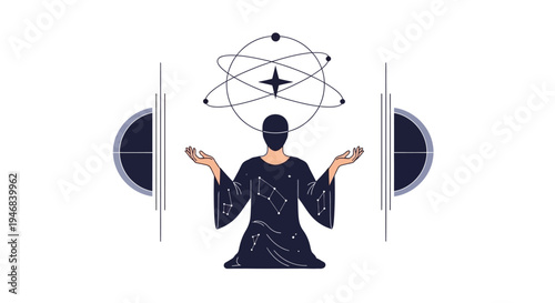Mysterious Figure Meditating with Cosmic Orbit and Celestial Symbols