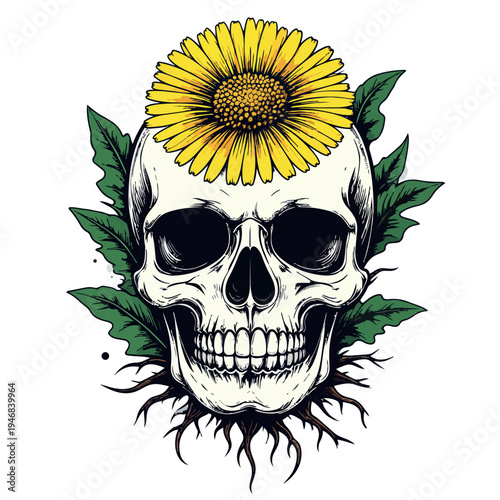 Memento Mori: The stark beauty of a human skull adorned with a vibrant yellow flower and lush green leaves, evoking themes of mortality and the ephemeral nature of life. 