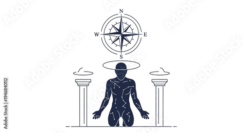 Human Silhouette with Celestial Map and Compass, Concept of Destiny and Navigation
