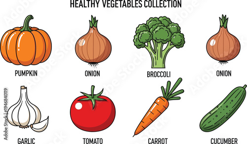 Collection of healthy vegetables including pumpkin onion broccoli garlic tomato carrot and cucumber for nutrition