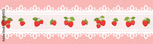 Cute Strawberry Lace Ribbon Seamless Border in Soft Pink and Cream – Sweet Cottagecore Berry Trim for Fabric, Packaging and Baking Branding