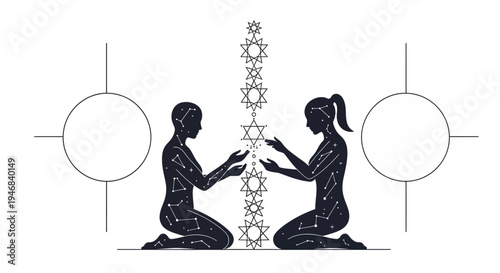 Two Silhouettes Connecting Energy, Spiritual Balance, Cosmic Harmony