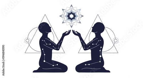 Twin souls connecting, spiritual geometry, cosmic energy, celestial constellation art