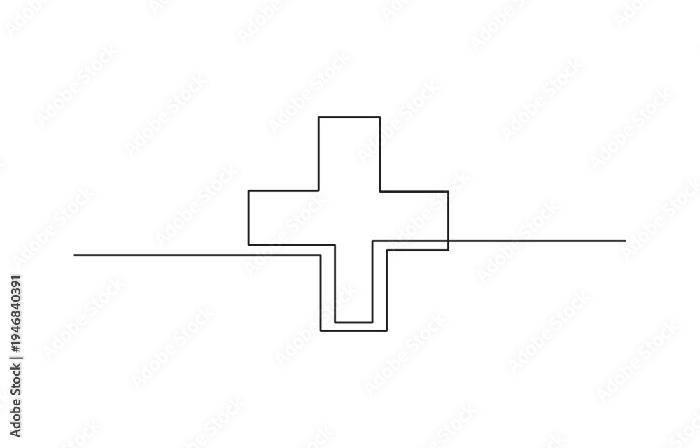 Obraz premium Minimalist line drawing of a medical cross symbol on a white background.