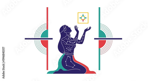 Woman praying, constellation silhouette, spiritual abstract geometric art
