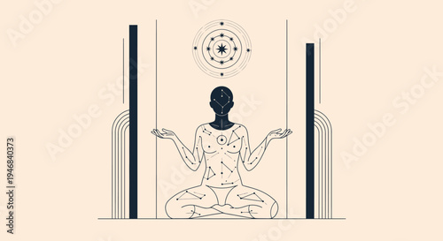 Meditating Silhouette with Cosmic Aura and Geometric Patterns
