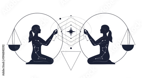 Gemini Zodiac Constellation Symbol with Scales and Geometric Ornaments