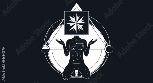 Mystical Human Figure with Cosmic Symbols and Geometric Shapes