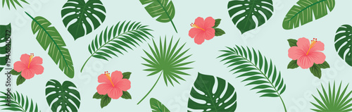 Tropical Leaves and Coral Hibiscus Seamless Pattern on Soft Mint Background – Exotic Botanical Summer Repeat for Fabric, Wallpaper and Resort Design