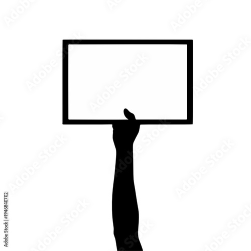 Empowering graphic of a silhouetted hand holding a blank white sign, perfect for showcasing important messages, announcements, or protest statements with clear copy space and strong visual impact