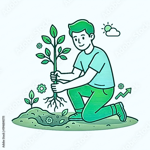 Flat Line Art Illustration of a Young Man Planting a Tree for Environmental Sustainability and Reforestation Concept