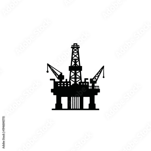 Silhouette of an offshore oil drilling rig, symbolizing energy exploration and the petroleum industry. A black icon representing the powerful global energy sector and industrial activities