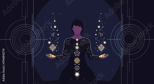 Person Meditating with Cosmic Energy and Chakras, Spiritual Enlightenment