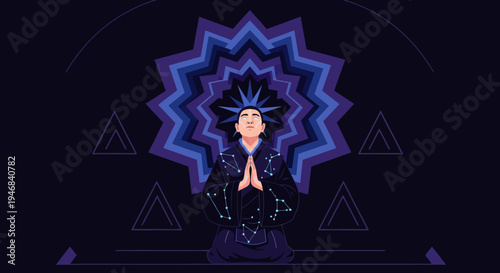 Person in meditation with cosmic mandala and geometric patterns