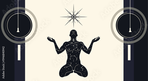 Cosmic Man Meditating Under Starburst, Spiritual Enlightenment, Outer Space Connection