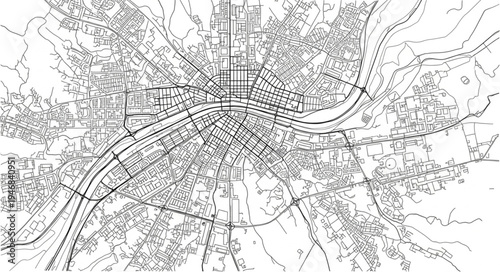 Detailed Black and White City Map Illustration with River and Roads.