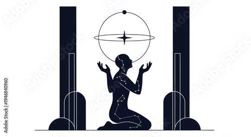 Mystical Silhouette of a Person in Prayer Under Celestial Orrery