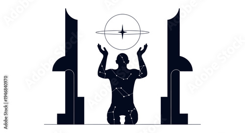 Man silhouette with constellations praying to celestial globe