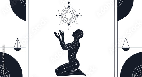 Mystical Silhouette Woman Praying Under Celestial Geometric Symbol