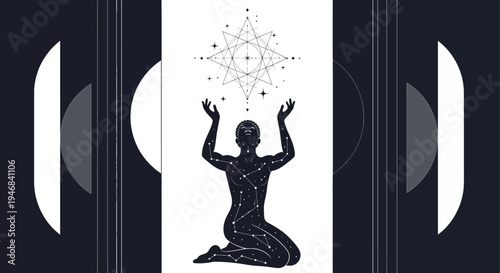 Mystical man silhouette with cosmic stars and geometric sacred symbol