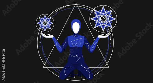 Mystical Woman with Celestial Orbs and Geometric Symbols