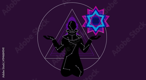 Mystical Figure with Cosmic Energy and Geometric Symbols