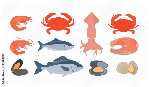 Fresh seafood collection shrimp crab squid salmon and fish grocery market vector set isolated on white