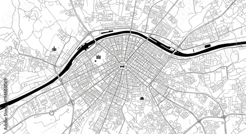 Detailed Map of a City with River and Infrastructure.