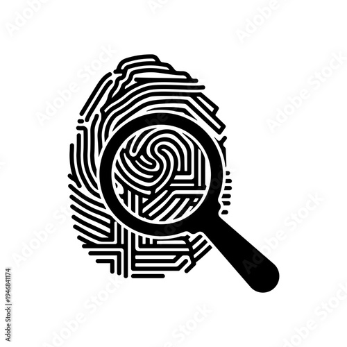 Black fingerprint with magnifying glass icon, without background
