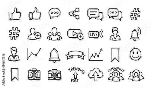 Hand drawn social media icon with blank space, black and white illustration