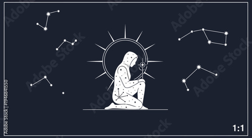Person kneeling under celestial sun and constellations, dark background