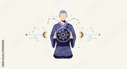 Zen monk holding cosmic wheel with constellations and moon phases