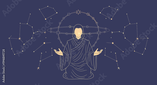 Zen Monk Meditating Under Constellations and Cosmic Rings