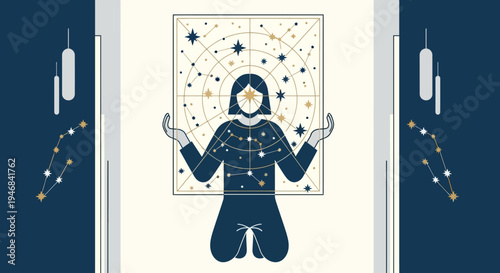 Person meditating with celestial map and constellations, spiritual connection
